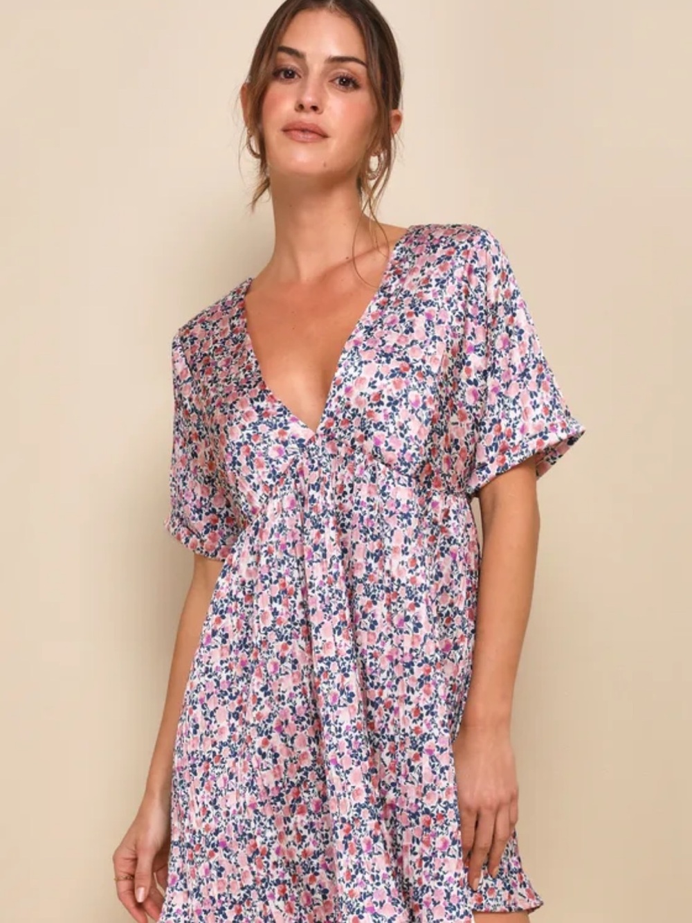 Lulu's Pink Floral V-Neck Short Sleeve Tunic Dress